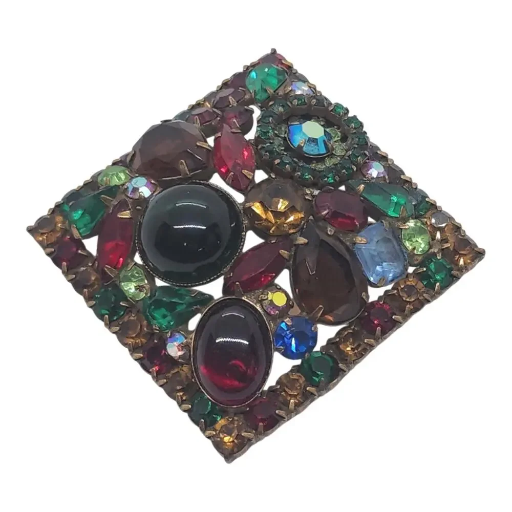 Vintage HUGE Weiss Fruit Salad Rhinestone Cabochon Square Multicolor Unsigned